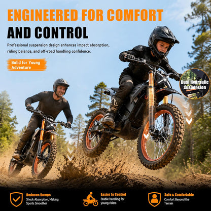 ET-3 Electric Dirt Bike, 72V 22.5Ah Removable Battery, 17"/14" Off-Road Tires, 5000W Peak Mid-Drive Motor, Dual Hydraulic Brakes & Suspension for Teens Adults