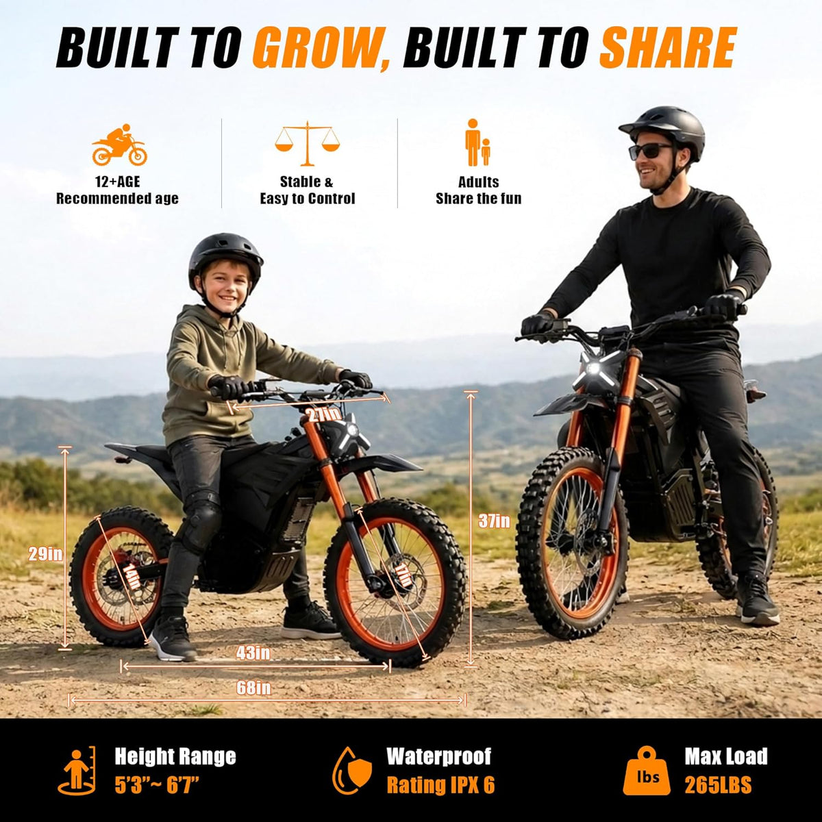 ET-3 Electric Dirt Bike, 72V 22.5Ah Removable Battery, 17